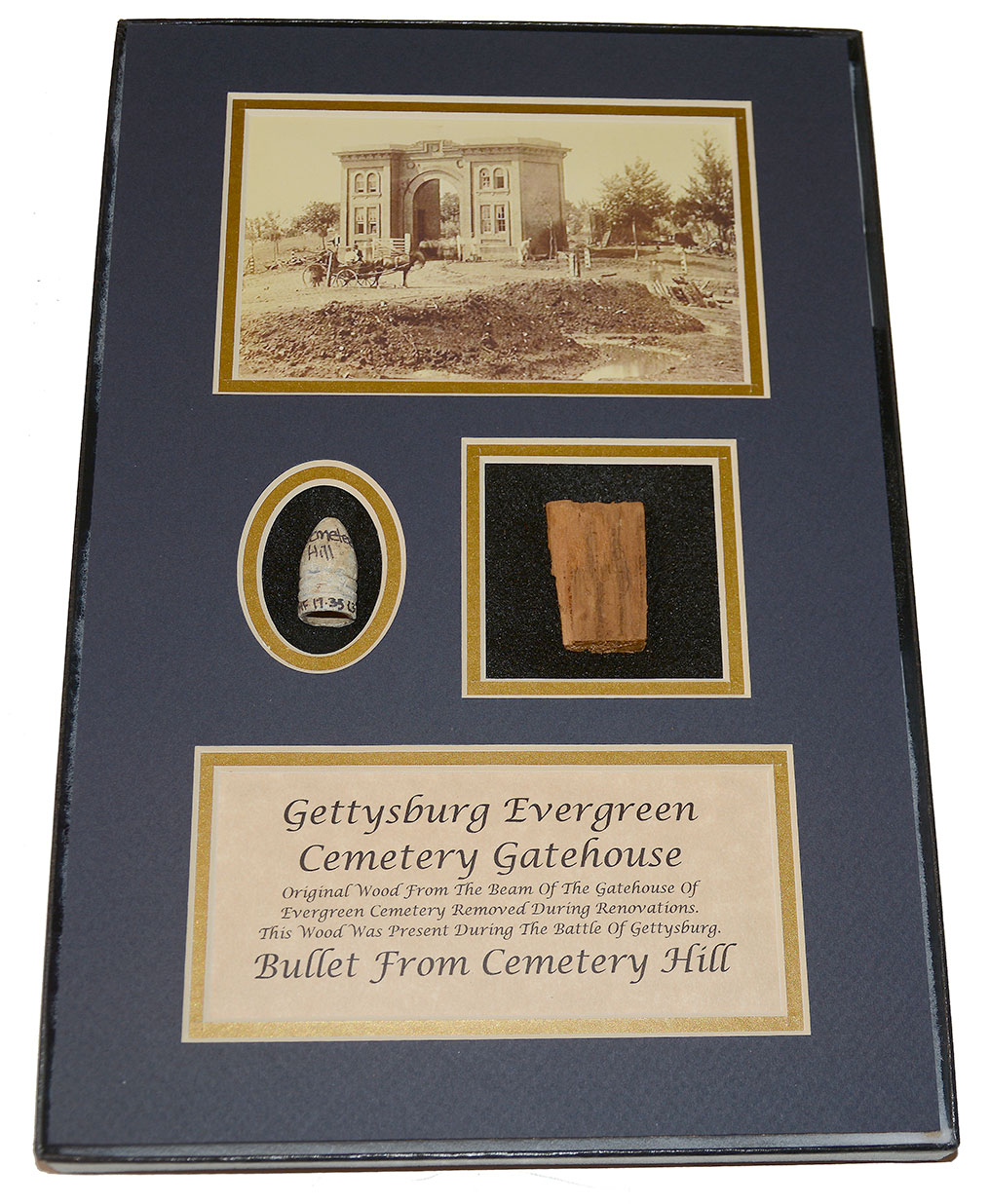 GETTYSBURG RELIC DISPLAY – ORIGINAL WOOD FROM BEAN OF THE EVERGREEN CEMETERY GATEHOUSE, WITH DROPPED BULLET RECOVERED ON CEMETERY HILL