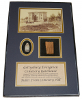 GETTYSBURG RELIC DISPLAY – ORIGINAL WOOD FROM BEAN OF THE EVERGREEN CEMETERY GATEHOUSE, WITH DROPPED BULLET RECOVERED ON CEMETERY HILL