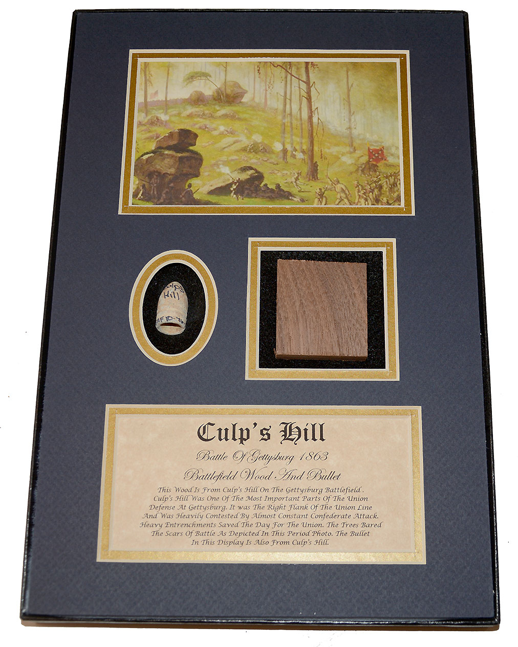 GETTYSBURG RELIC DISPLAY – PIECE OF WOOD AND DROPPED 3 RING MINIE RECOVERED ON CULP’S HILL