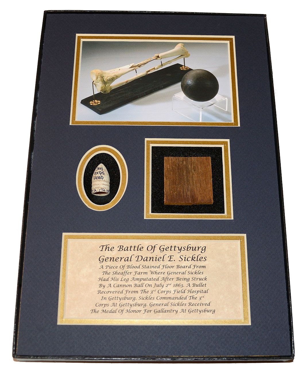 GETTYSBURG RELIC DISPLAY – SECTION OF BLOODSTAINED FLOORBOARD FROM THE SCHEAFFER FARM, WHERE GEN. DAN SICKLES’ LEG WAS AMPUTATED