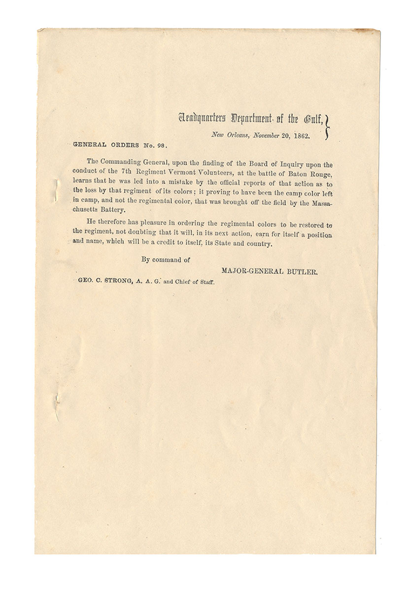 GENERAL ORDERS NO. 98—MAJOR GEN. BUTLER / DEPARTMENT OF THE GULF / RE: RESTORATION OF COLORS / 7TH VERMONT