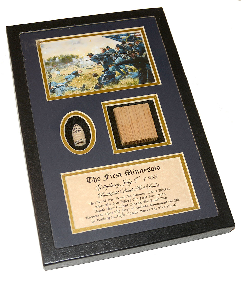 GETTYSBURG RELIC DISPLAY – FIRST MINNESOTA BATTLEFIELD WOOD & BULLET FROM THE CODORI THICKET
