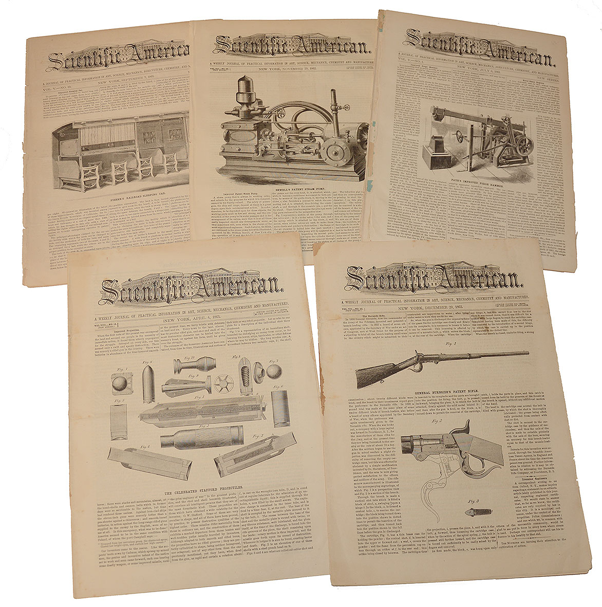 LOT OF 5 SCIENTIFIC AMERICAN PAPERS DATED 1861, 62, 63