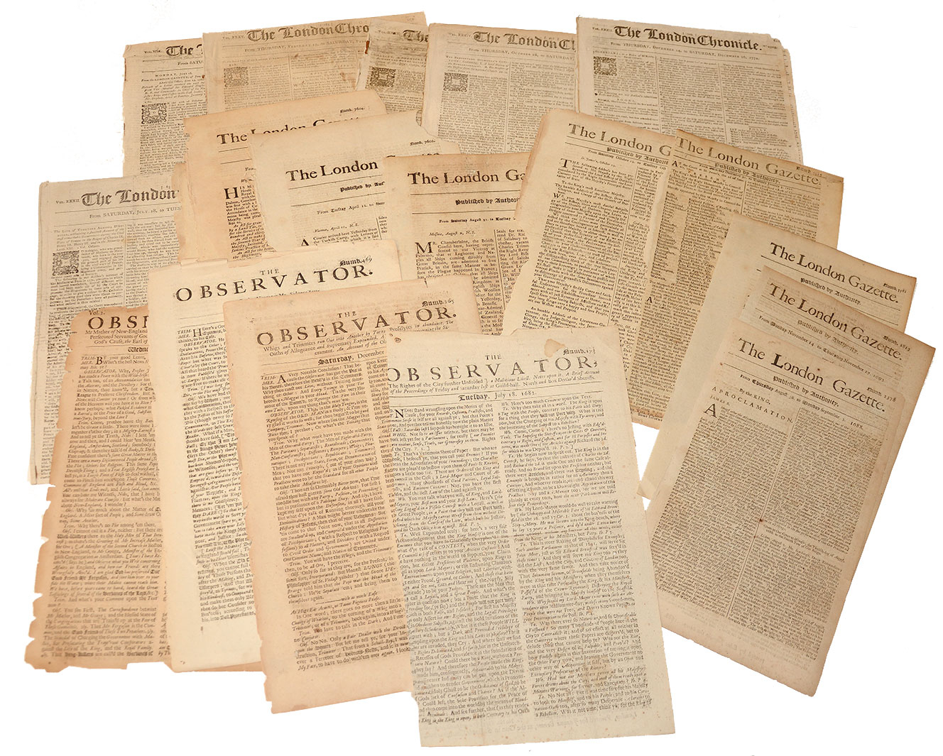 LOT OF 19 ENGLISH NEWSPAPERS, 17TH & 18TH CENTURY