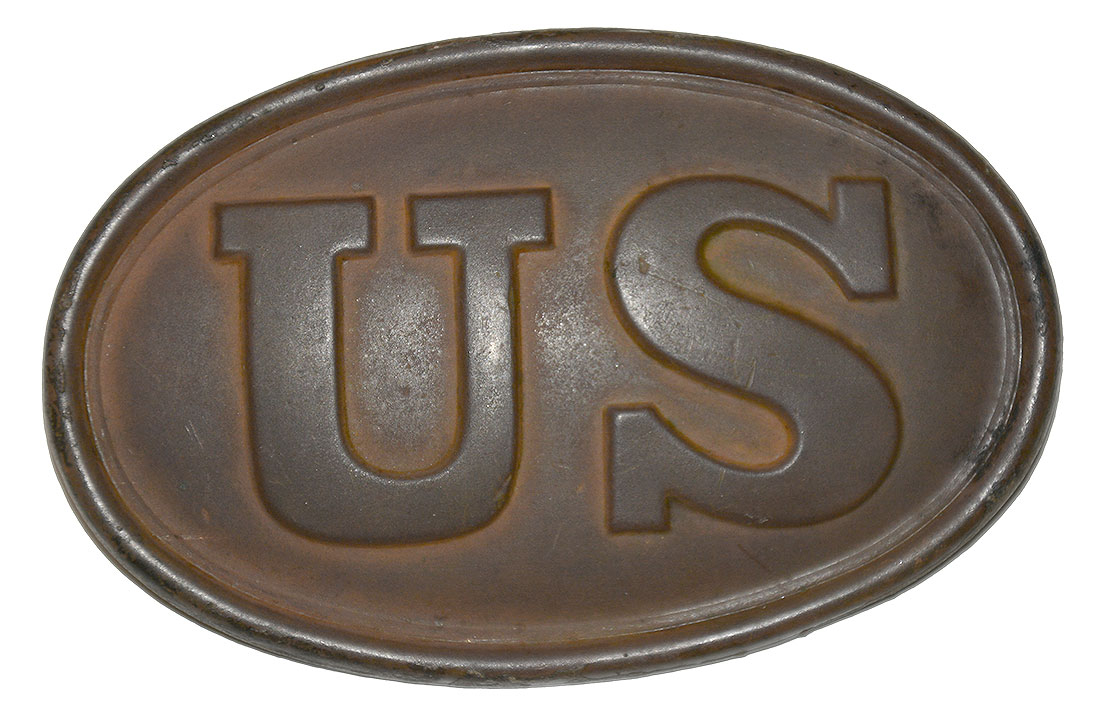 RELIC, U.S. P-1839 CARTRIDGE BOX PLATE FROM CHANCELLORSVILLE (CARVED C.S. FLAG?)