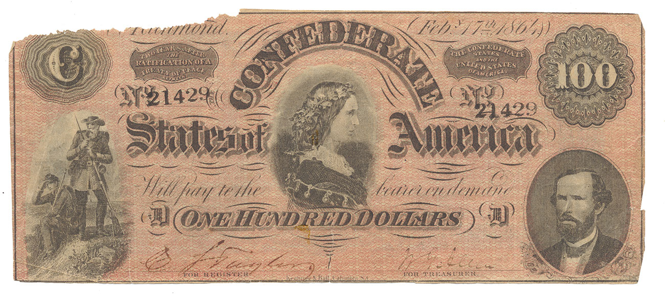 T-65 CONFEDERATE 1864 $100 BILL