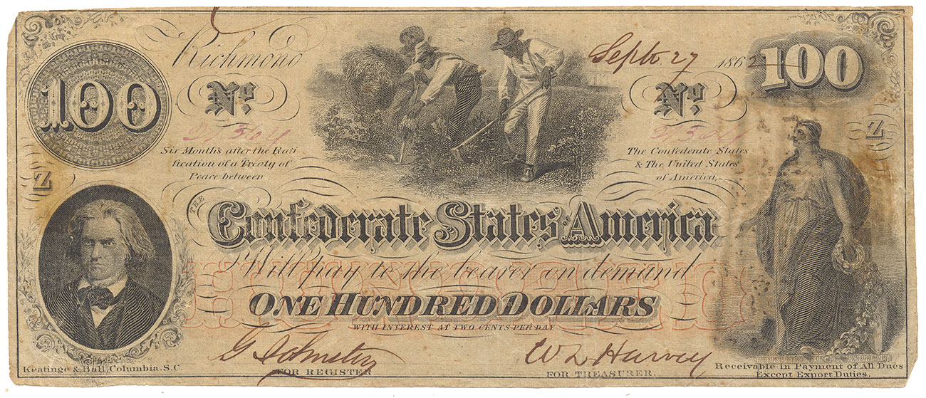 T-41 1862 CONFEDERATE STATES OF AMERICA $100.00 TREASURY NOTE