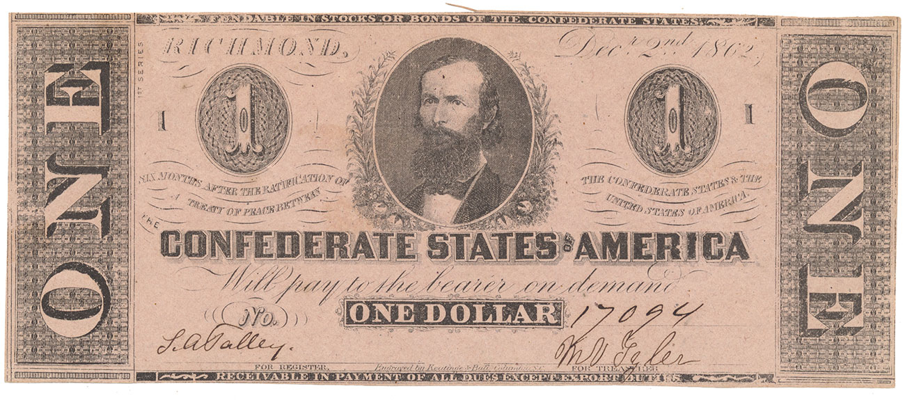 T-55 1862 CONFEDERATE STATES OF AMERICA $1 TREASURY NOTE