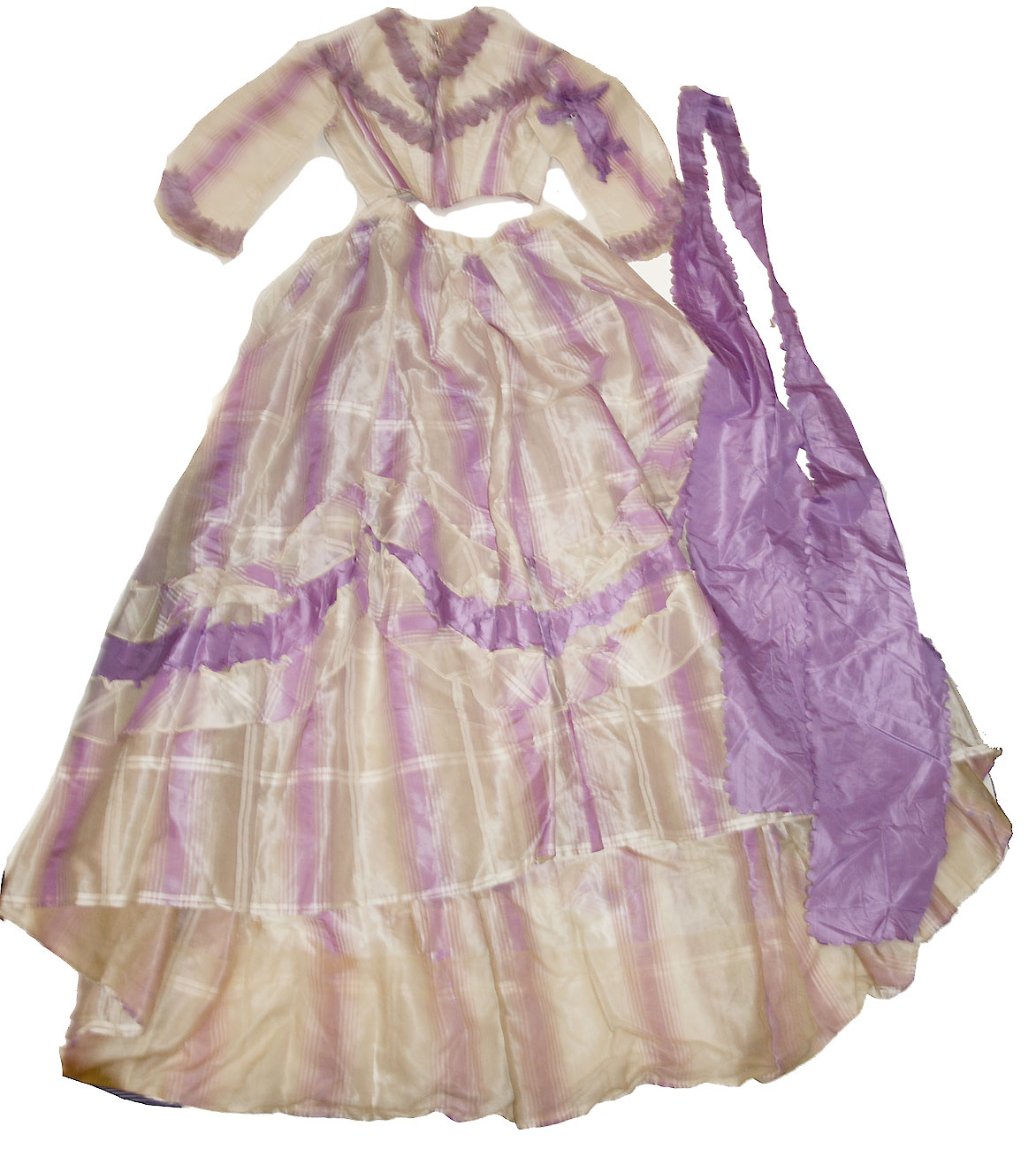 CIRCA 1863-1865 DEEP LILAC AND WHITE TRANSLUCENT SILK TAFFETA DRESS
