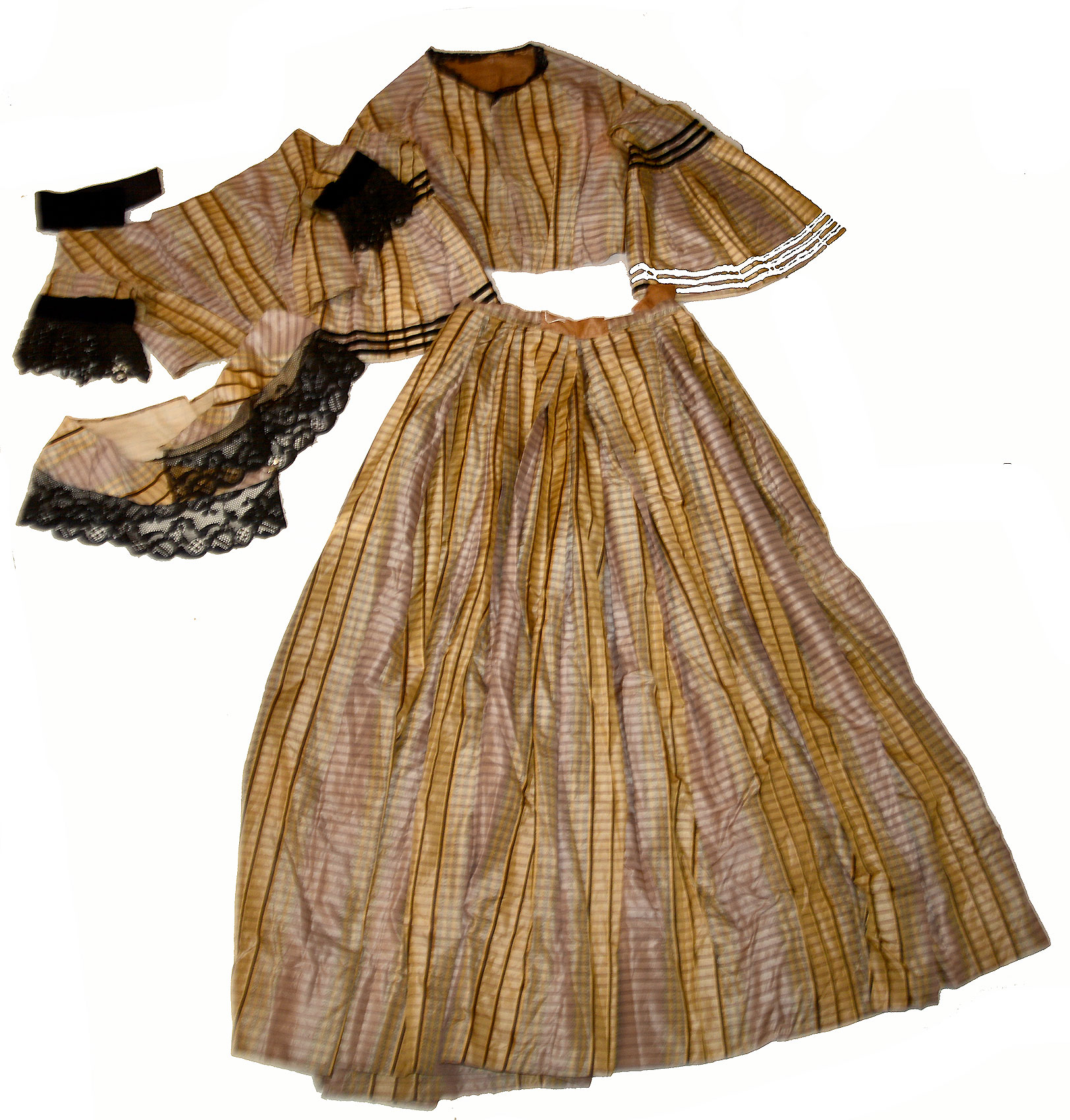 1858-1863 PLAID SILK DRESS – SKIRT, DAY & EVENING BODICES & MATCHING FICHU