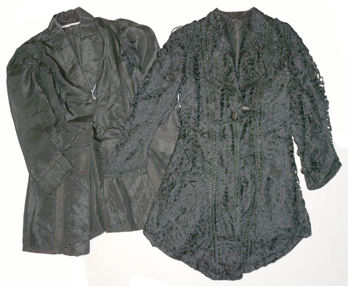 TWO BLACK SILK PALETOTS