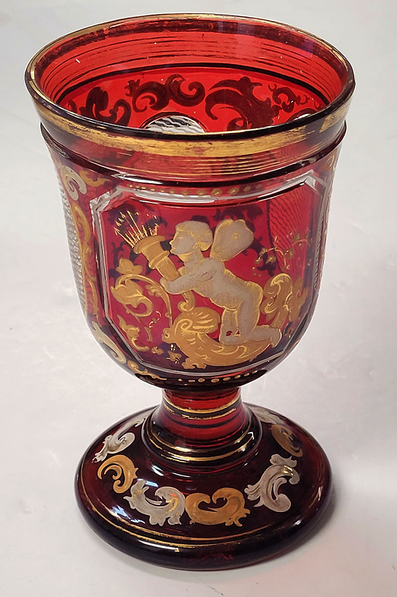 STRIKING BOHEMIAN CHALICE WITH ENAMELED CHERUB – CIRCA 1850
