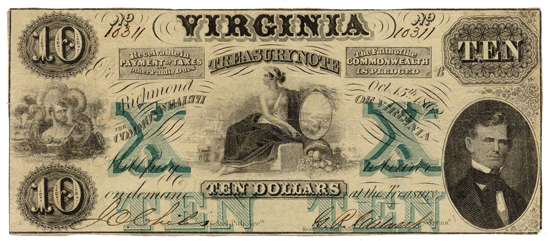 1862 VIRGINIA $10 TREASURY NOTE