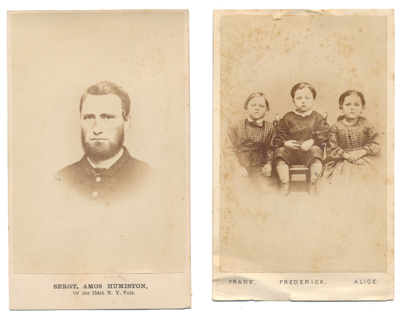 CDV PHOTOGRAPHS OF SERGEANT AMOS HUMISTON (KILLED AT GETTYSBURG) AND HIS “CHILDREN OF THE BATTLEFIELD”