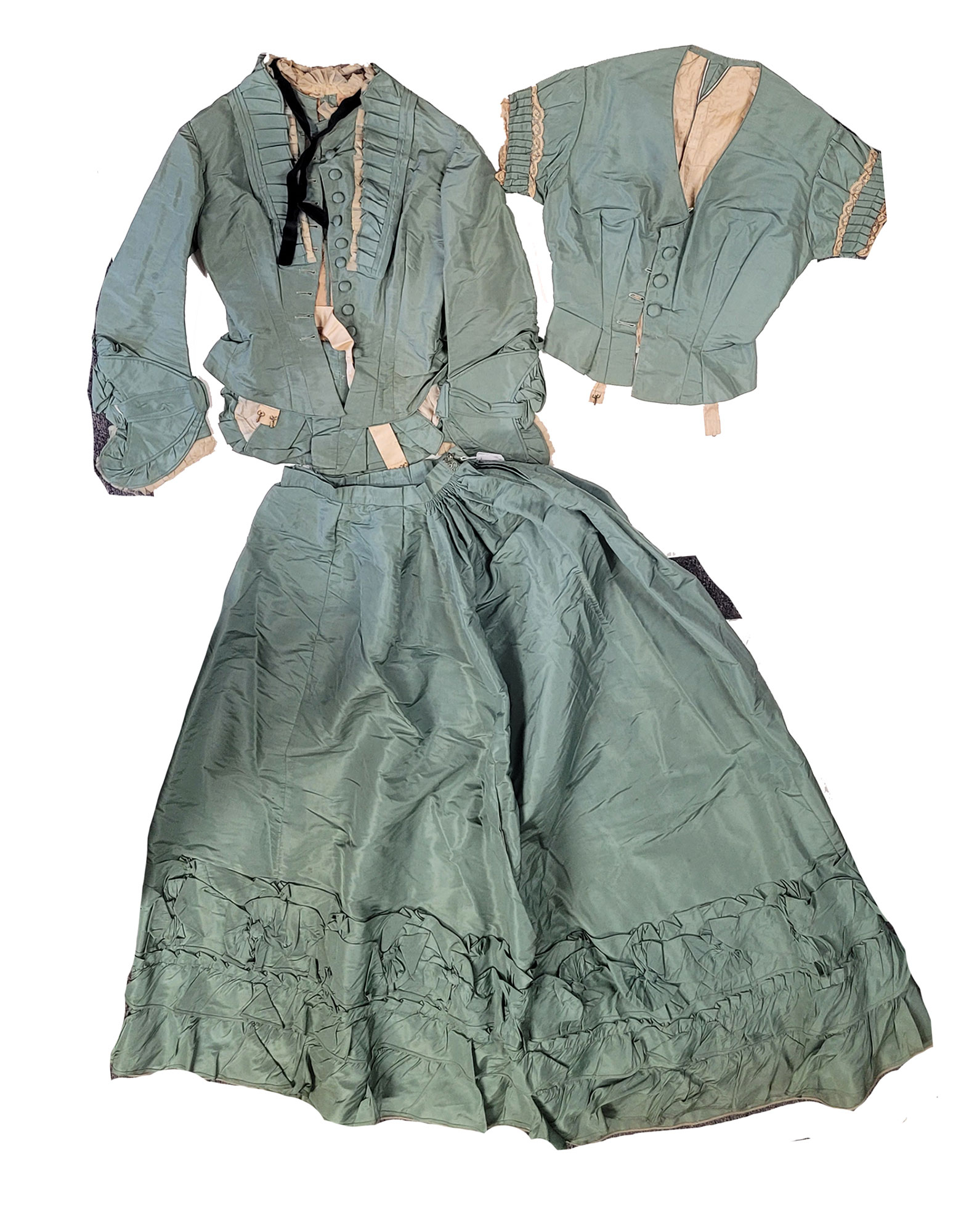 ELEGANT 1870’S GREEN SILK DRESS