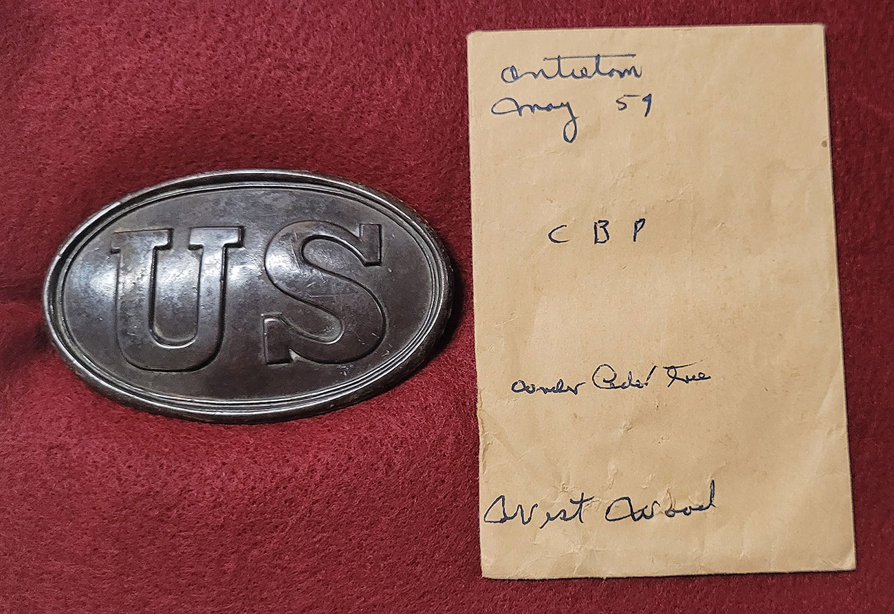ANTIETAM RECOVERED CARTRIDGE BOX PLATE FOUND MAY 1959 IN THE WEST WOODS BY SYD KERKSIS