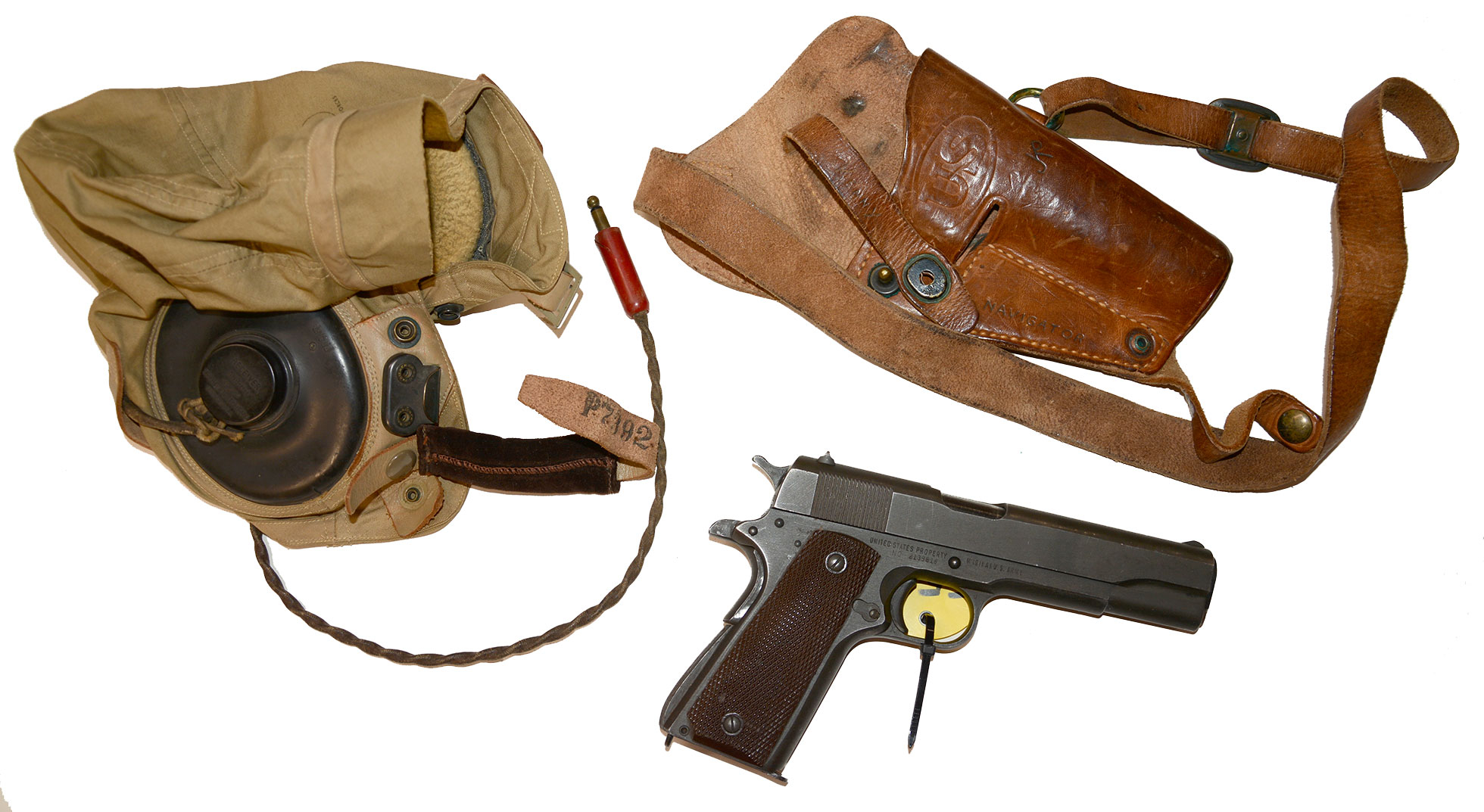 WW2 US AIRCORPS GROUP – M1911 PISTOL, SHOULDER HOLSTER, ANH-15 FLIGHT HELMET – WITH RESEARCHABLE INFORMATION