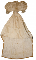 1890S CREAM SILK SATIN DRESS WITH BEADED BODICE AND TRAINED SKIRT