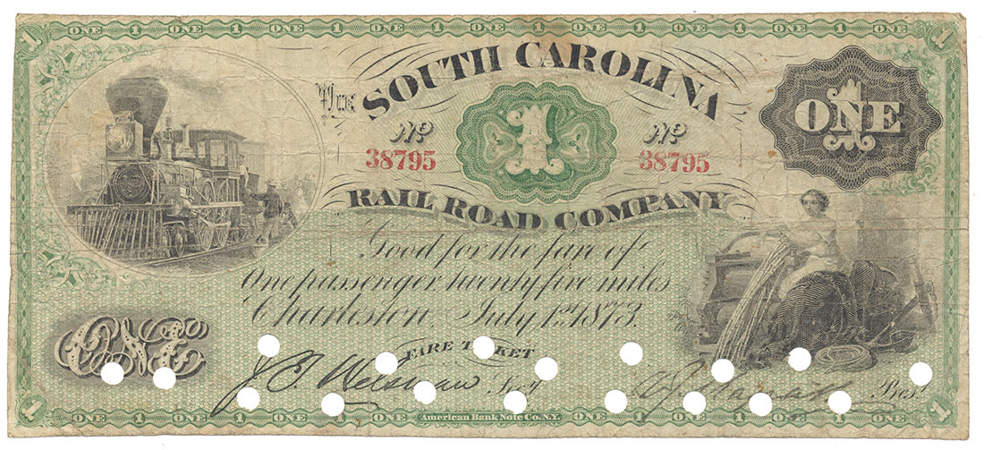 1873 $1 NOTE FROM THE SOUTH CAROLINA RAILROAD COMPANY