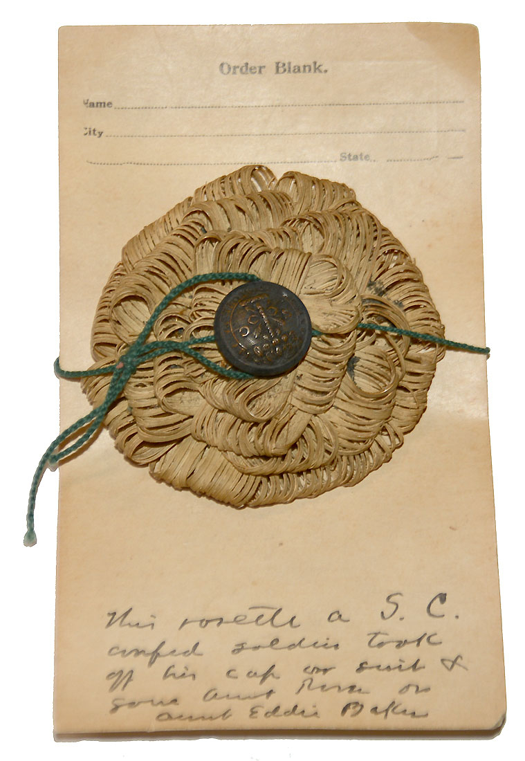 SOUTH CAROLINA SECESSION COCKADE OF PALMETTO FRONDS, SC BUTTON, AND NOTE