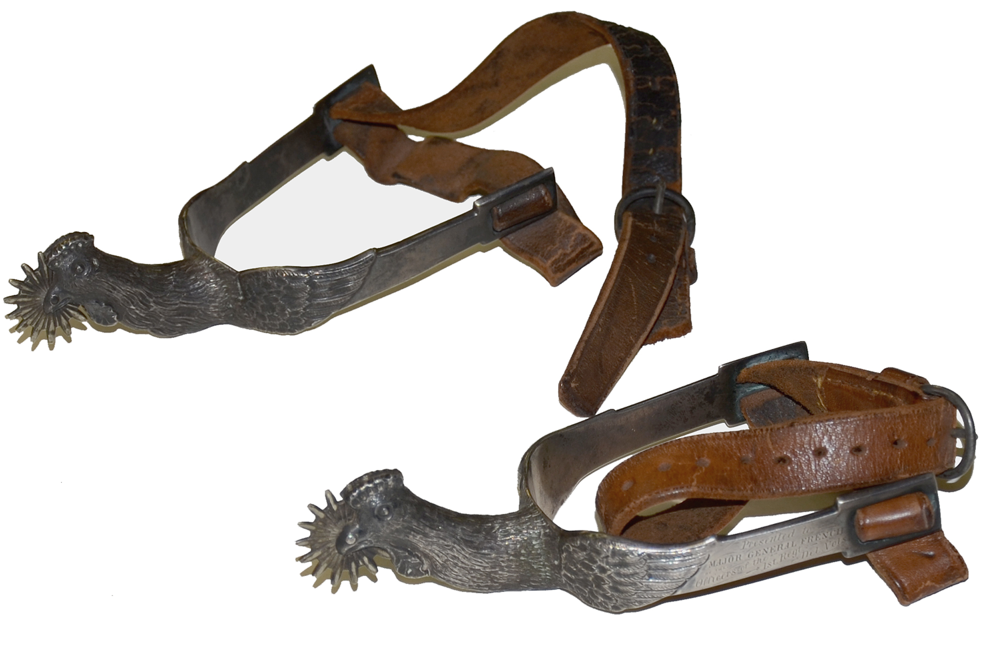 MAGNIFICENT SET OF SILVER GAMECOCK HEAD SPURS PRESENTED BY THE OFFICERS OF THE FIRST DELAWARE TO MAJOR GENERAL W.H. FRENCH