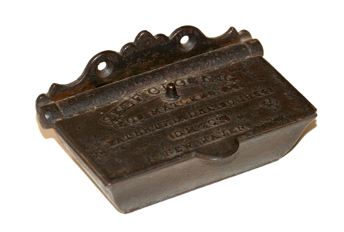 CAST IRON MATCH SAFE, PATENTED DEC. 20, 1864, D.M. & CO. NEW HAVEN, CONN.