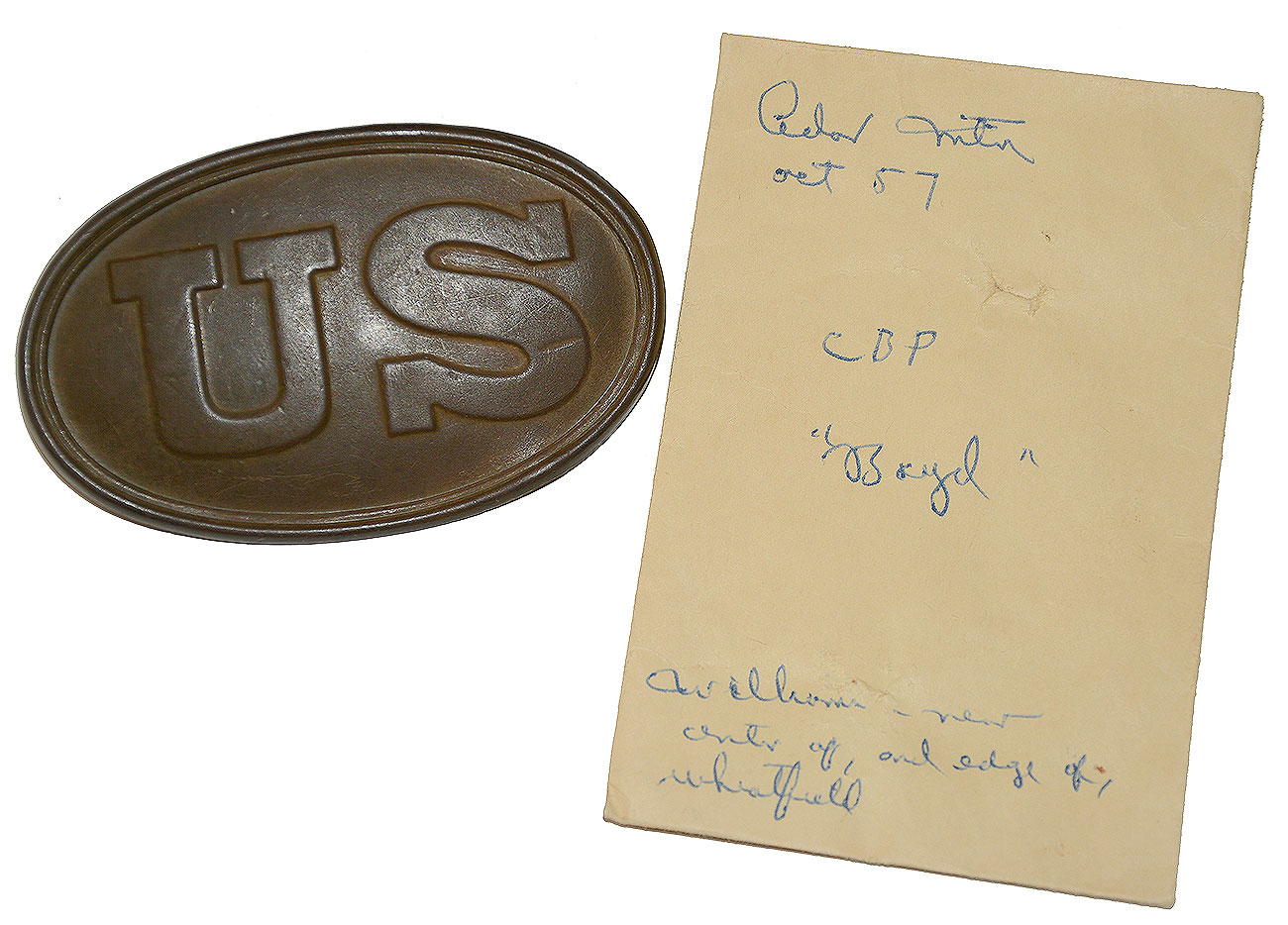 CARTRIDGE BOX PLATE FROM CEDAR MOUNTAIN RECOVERED BY SYD KERKSIS OCTOBER 1957