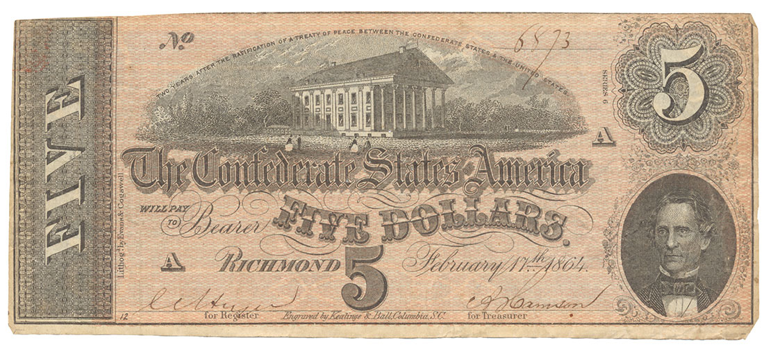 1864 CSA T-69 $5 NOTE FEATURING STATE CAPITOL, RICHMOND