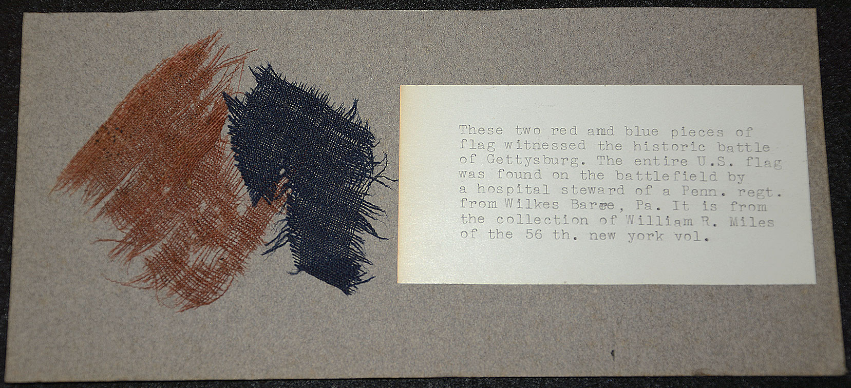 FRAGMENTS OF US FLAG FOUND ON GETTYSBURG BATTLEFIELD – FROM THE COLLECTION OF WILLIAM MILES OF THE 56TH NEW YORK