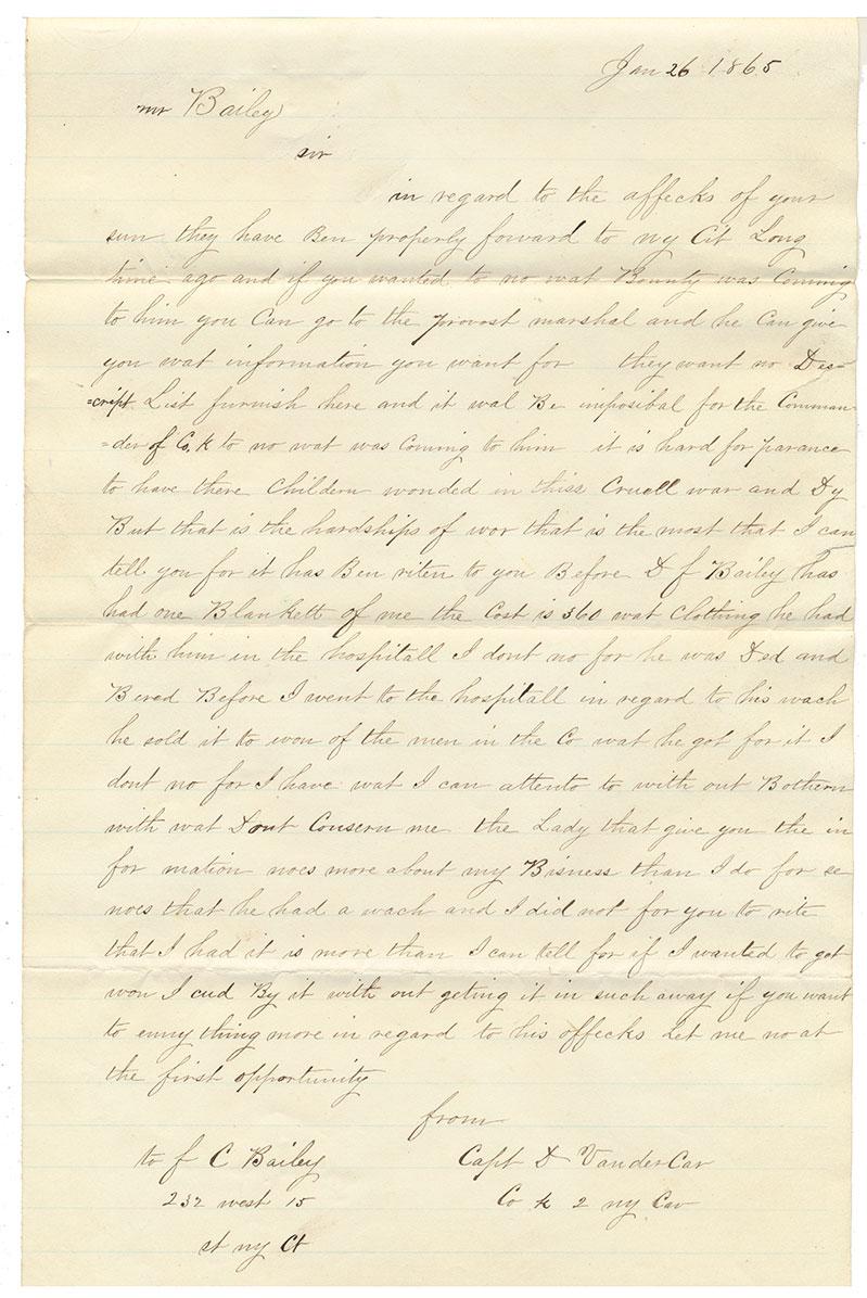 INTERESTING LETTER FROM CAPTAIN DAVID VANDERCARR TO FATHER OF SOLDIER KIA