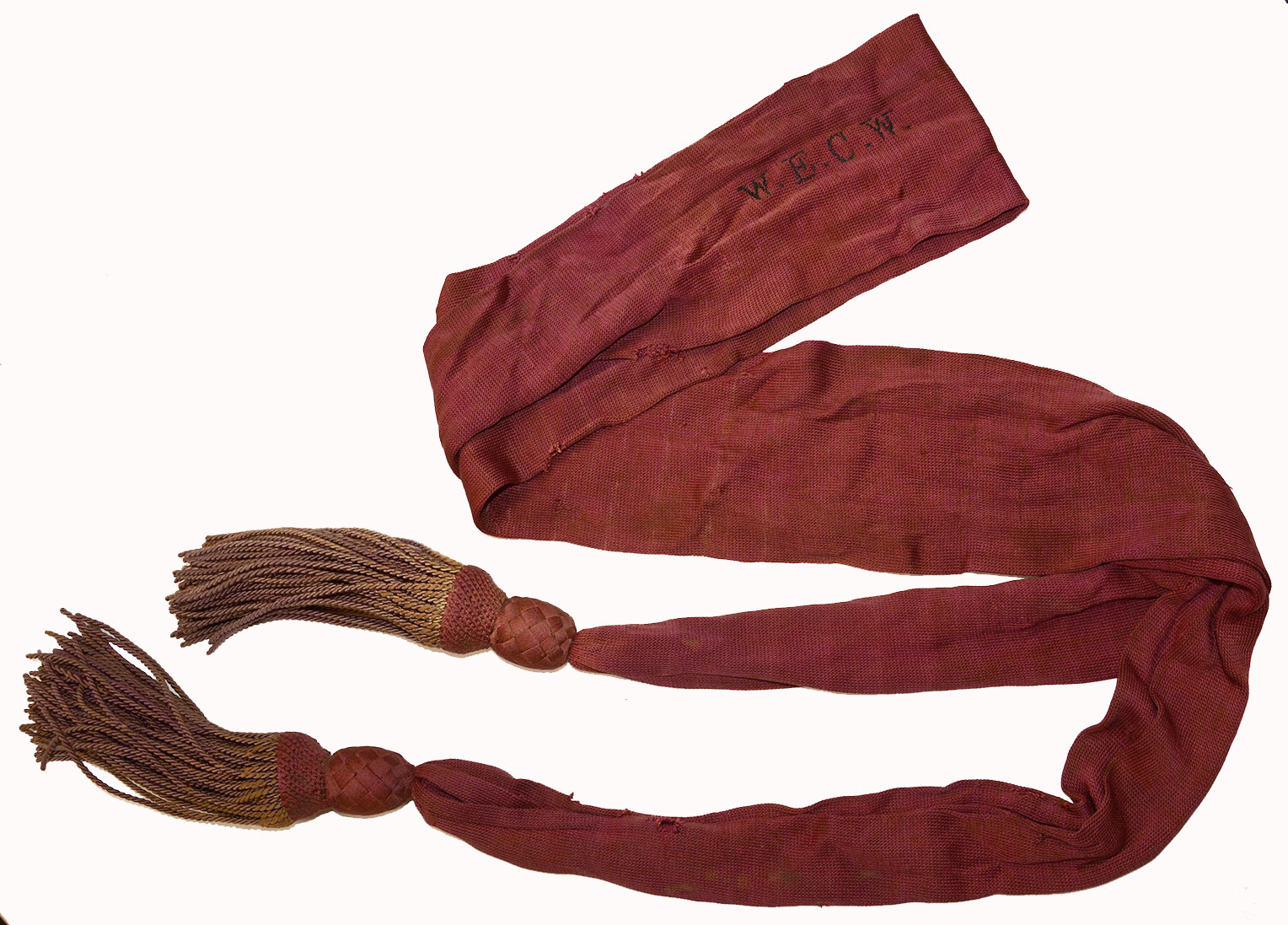 CIVIL WAR CRIMSON OFFICER’S SASH WITH INITIALS “W.E.C.W.”