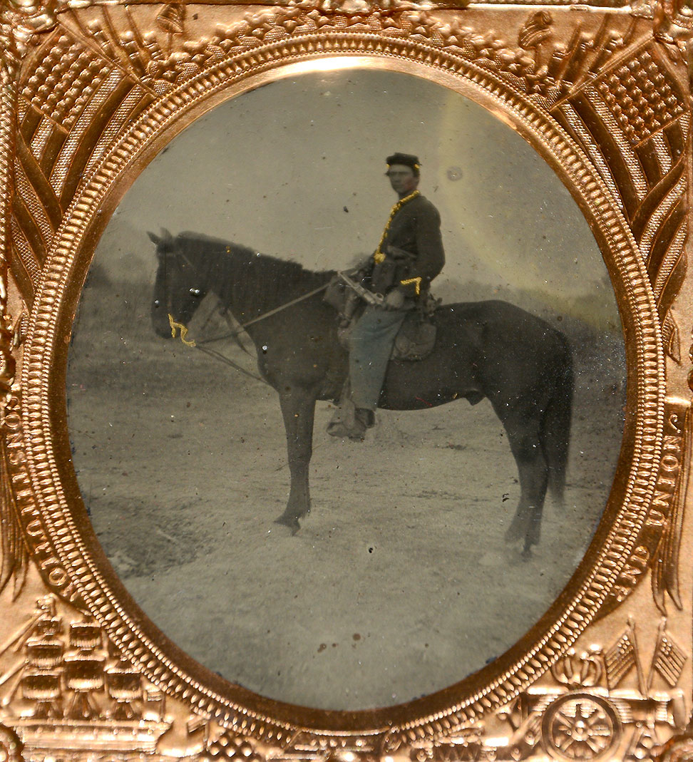 SIXTH PLATE TINTYPE - MOUNTED US CAVALRY TROOPER HOLDING COLT DRAGOON REVOLVER