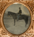 SIXTH PLATE TINTYPE - MOUNTED US CAVALRY TROOPER HOLDING COLT DRAGOON REVOLVER