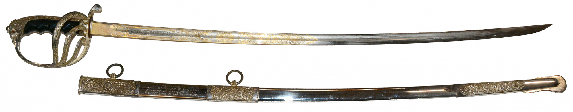 NEAR MINT SILVER PLATED AND GILT-ETCHED EAGLE-POMMEL PRESENTATION 1902 OFFICER’S SWORD OF MAJ. ALFRED B. WELCH, 9th U.S. FIELD ARTILLERY