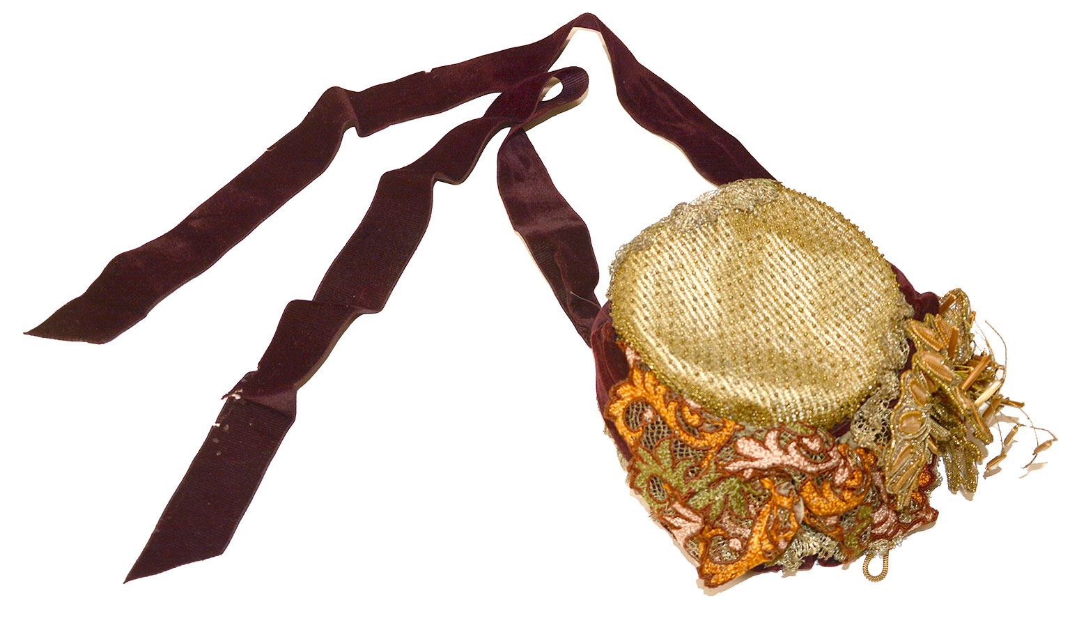 C. 1880 BONNET WITH GOLD LACE OF METAL THREAD, AND DARK BURGUNDY VELVET BANDS