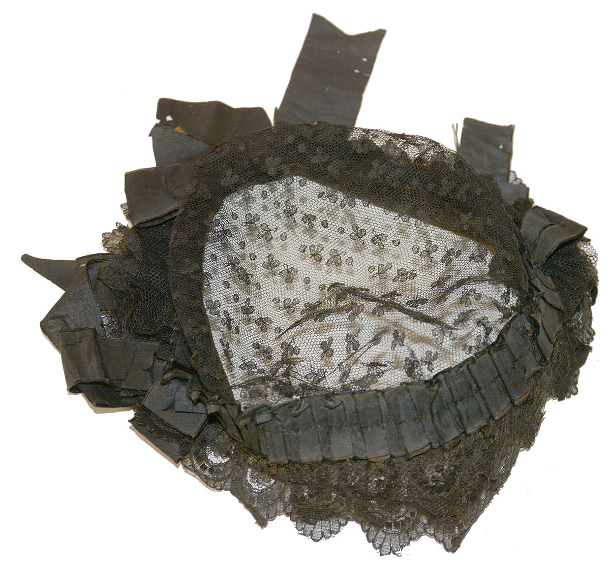 C.1855-1865 BLACK LACE, RIBBON AND NET FANCY CAP