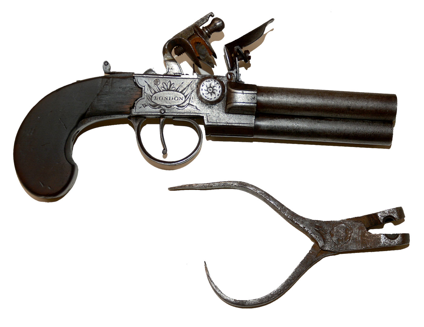 THREE-BARREL FLINT BOXLOCK TAP ACTION PISTOL BY TWIGG WITH BULLET MOULD