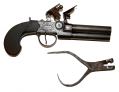 THREE-BARREL FLINT BOXLOCK TAP ACTION PISTOL BY TWIGG WITH BULLET MOULD
