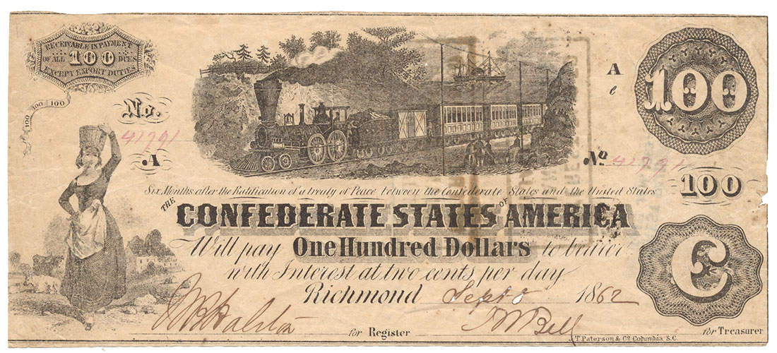 T-40 CONFEDERATE 1862, $100 NOTE