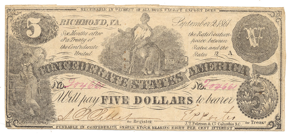 1861 T-36 CONFEDERATE $5 NOTE