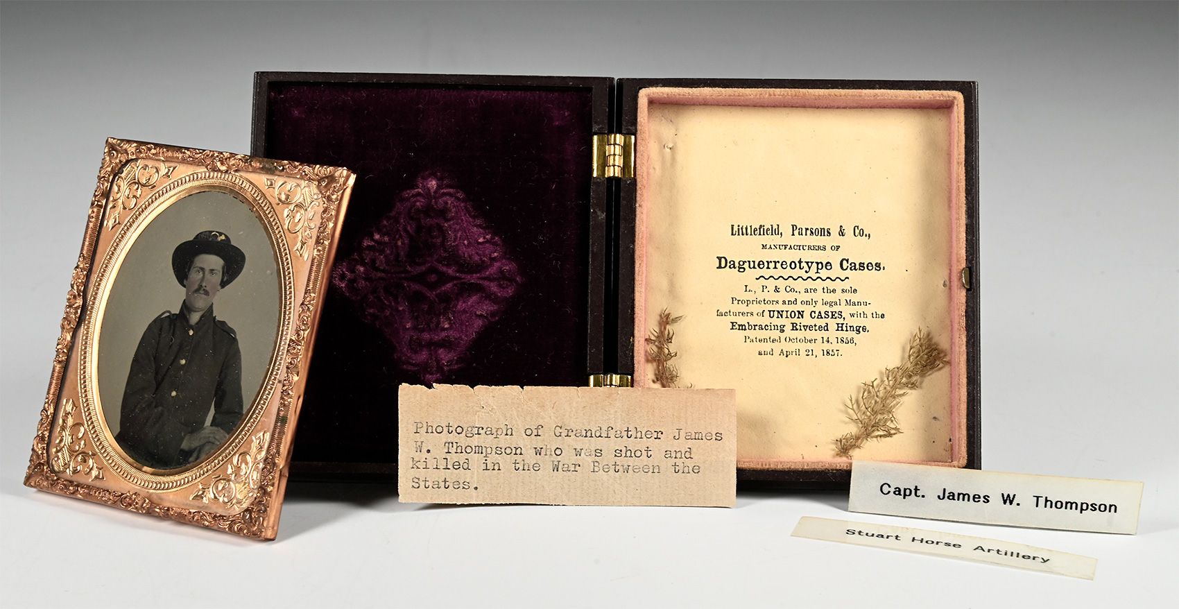 1/6 PLATE AMBROTYPE OF LIEUTENANT, CAPTAIN AND MAJOR JAMES WALTON THOMSON, STUART HORSE ARTILLERY, KILLED IN ACTION AT HIGH BRIDGE, APRIL 7, 1865