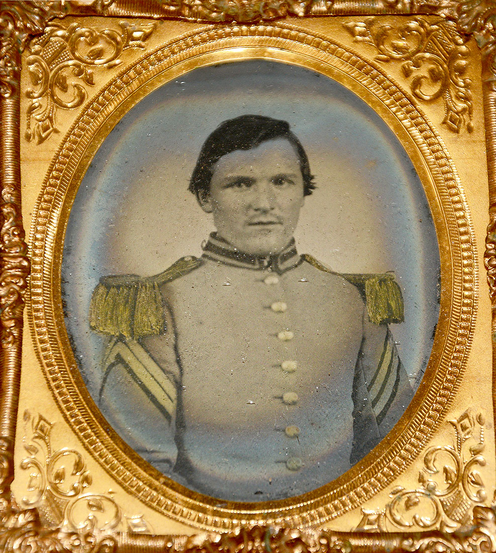 CASED 1/6 PLATE TINTYPE OF PRE-CIVIL WAR MILITIA CORPORAL, WITH LOCK OF HAIR 