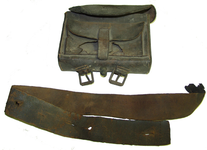 FEDERAL RELIC CARTRIDGE BOX AND WAIST BELT WITH POSSIBLE CONFEDERATE USE, FROM THE SHIELDS MUSEUM OF GETTYSBURG