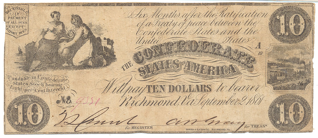 PMG GRADED 1861 CSA T-28 $10 NOTE FEATURING TENNESSEE STATE CAPITOL