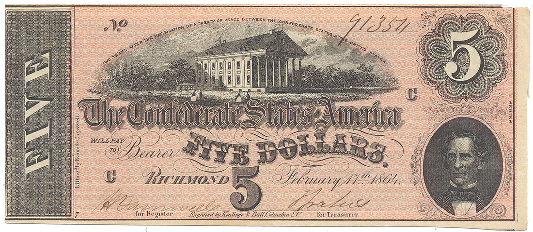 PMG GRADED 1864 CSA T-69 $5 NOTE FEATURING STATE CAPITOL, RICHMOND