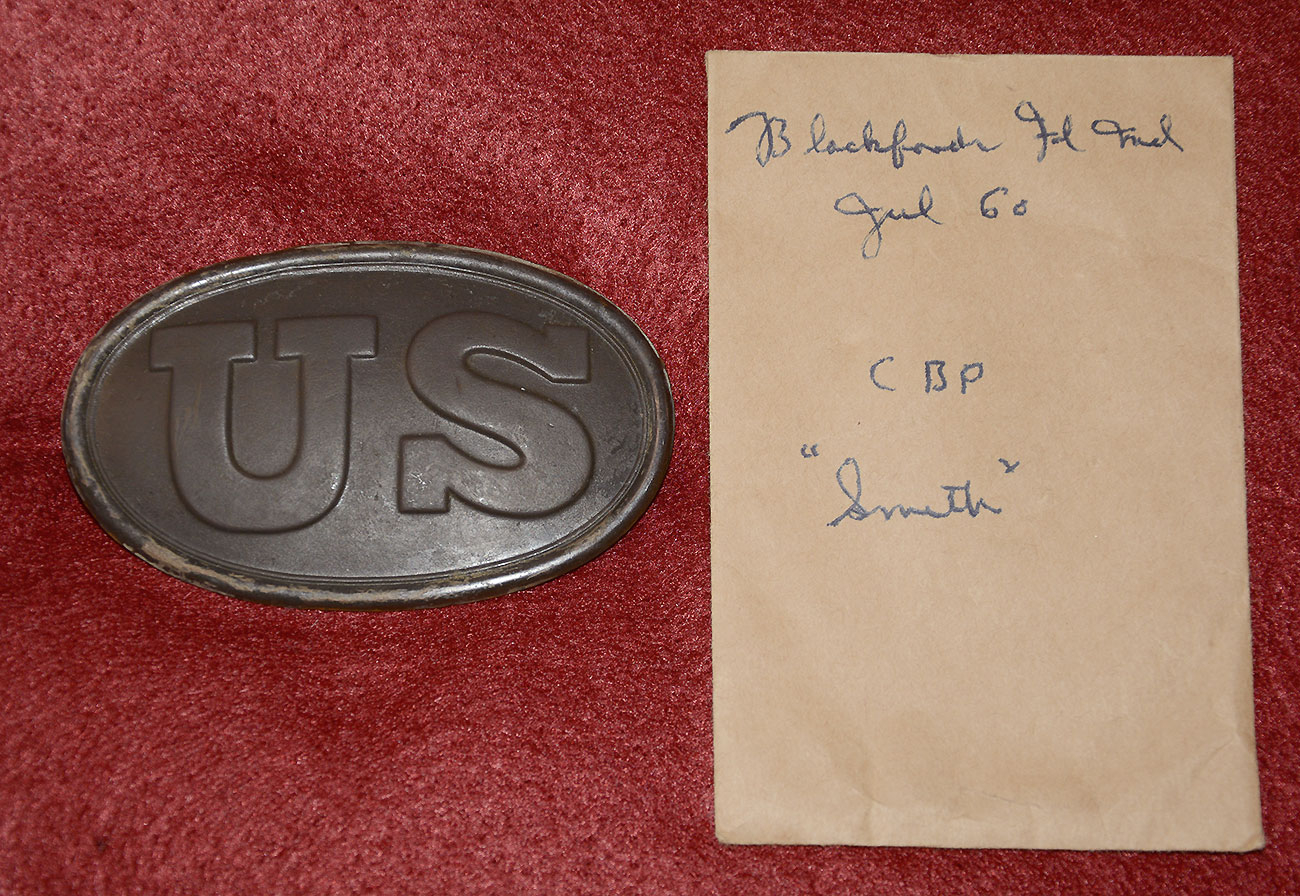 W.H. SMITH MARKED US CARTRIDGE BOX PLATE RECOVERED BY SYD KERKSIS AT BLACKFORD’S FORD, MD, IN JULY 1960