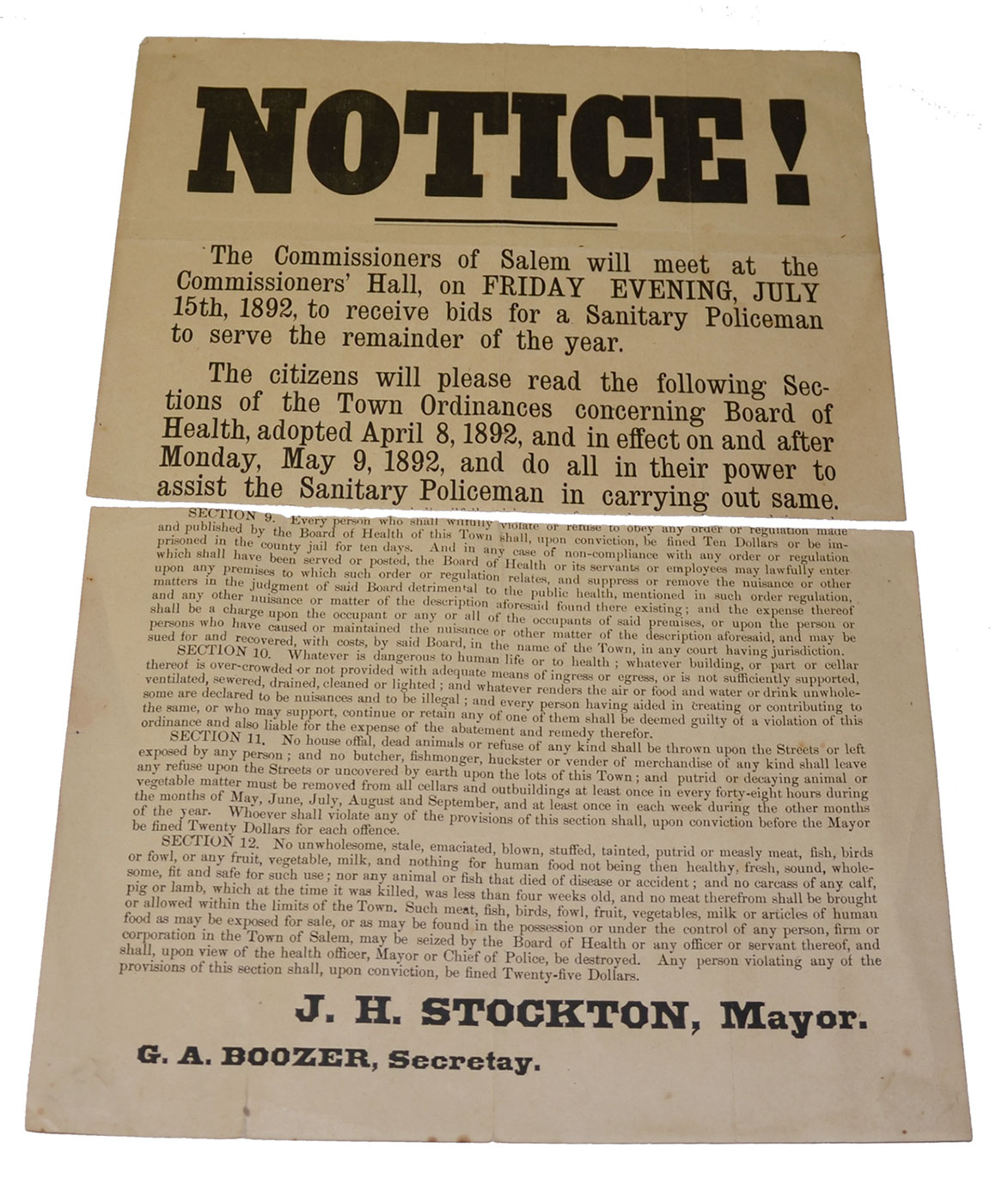 SANITARY POLICE NOTICE FROM SALEM, NORTH CAROLINA, 1892