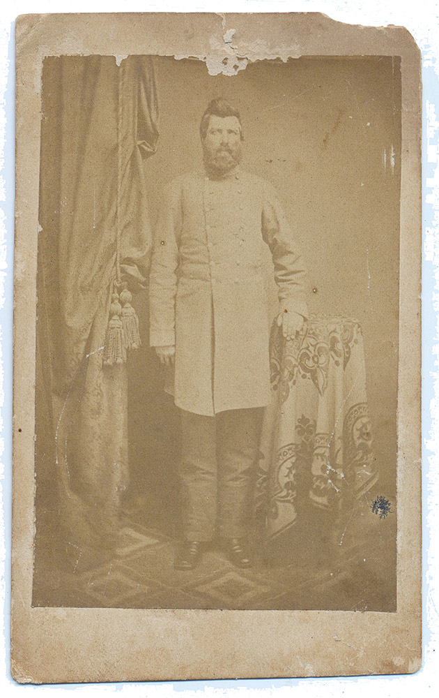 FULL STANDING VIEW OF 3RD SOUTH CAROLINA BATTALION OFFICER WHO WAS WOUNDED AT GETTYSBURG AND LATER DIED OF WOUNDS RECEIVED AT SPOTSYLVANIA