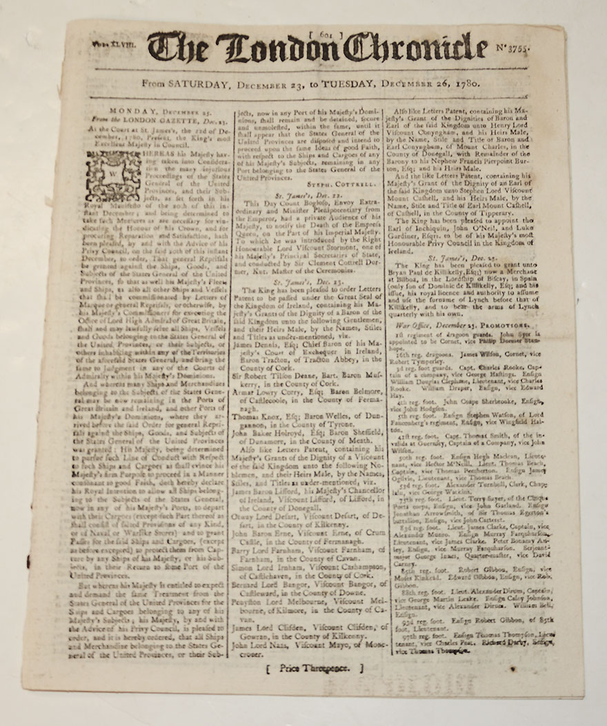 CHRISTMAS 1780 ISSUE OF “THE LONDON CHRONICLE” WITH REPORT FROM PENOBSCOT (CASTINE, MAINE)