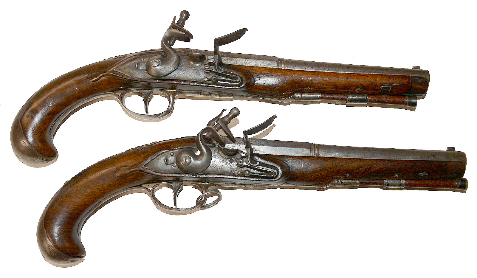 A LATE 18th CENTURY PAIR OF FLINT LOCK PISTOLS